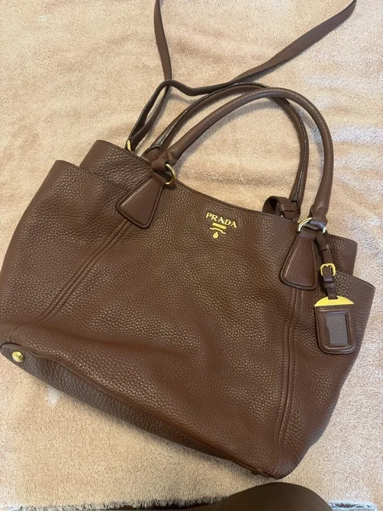 Prada Dark Brown Pebbled Leather Tote with Gold Hardware - Picture 2 of 4